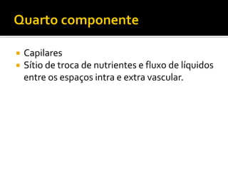    Capilares
   Sítio de troca de nutrientes e fluxo de líquidos
    entre os espaços intra e extra vascular.
 