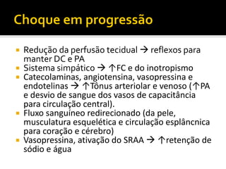   Redução da perfusão tecidual  reflexos para
    manter DC e PA
   Sistema simpático  ↑FC e do inotropismo
   Catecolaminas, angiotensina, vasopressina e
    endotelinas  ↑Tônus arteriolar e venoso (↑PA
    e desvio de sangue dos vasos de capacitância
    para circulação central).
   Fluxo sanguíneo redirecionado (da pele,
    musculatura esquelética e circulação esplâncnica
    para coração e cérebro)
   Vasopressina, ativação do SRAA  ↑retenção de
    sódio e água
 
