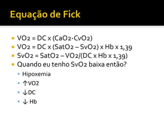    VO2 = DC x (CaO2-CvO2)
   VO2 = DC x (SatO2 – SvO2) x Hb x 1,39
   SvO2 = SatO2 – VO2/(DC x Hb x 1,39)
   Quando eu tenho SvO2 baixa então?
     Hipoxemia
     ↑VO2
     ↓DC
     ↓ Hb
 