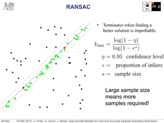28 Nov. IVCNZ 2013 –J. Pritts, O. Chum, J. Matas: Approximate Models for Fast and Accurate Epipolar Geometry Estimation
RANSAC
• Terminates when finding a
better solution is improbable.
Large sample size
means more
samples required!
 