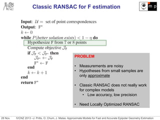 28 Nov. IVCNZ 2013 –J. Pritts, O. Chum, J. Matas: Approximate Models for Fast and Accurate Epipolar Geometry Estimation
Classic RANSAC for F estimation
PROBLEM
• Measurements are noisy
• Hypotheses from small samples are
only approximate
• Classic RANSAC does not really work
for complex models
• Low accuracy, low precision
• Need Locally Optimized RANSAC
 