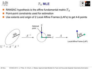 28 Nov. IVCNZ 2013 –J. Pritts, O. Chum, J. Matas: Approximate Models for Fast and Accurate Epipolar Geometry Estimation
MLE
 RANSAC hypothesis is the affine fundamental matrix
 Point-point constraints used for estimation
 Use extents and origin of 2 Local Affine Frames (LAFs) to get 4-6 points
DG
Local Affine Frame (LAF)
Optional
point
 