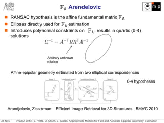 28 Nov. IVCNZ 2013 –J. Pritts, O. Chum, J. Matas: Approximate Models for Fast and Accurate Epipolar Geometry Estimation
Arendelovic
 RANSAC hypothesis is the affine fundamental matrix
 Ellipses directly used for estimation
 Introduces polynomial constraints on , results in quartic (0-4)
solutions
Arbitrary unknown
rotation
Arandjelovic, Zisserman: Efficient Image Retrieval for 3D Structures , BMVC 2010
Affine epipolar geometry estimated from two elliptical correspondences
0-4 hypotheses
 
