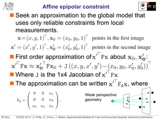 28 Nov. IVCNZ 2013 –J. Pritts, O. Chum, J. Matas: Approximate Models for Fast and Accurate Epipolar Geometry Estimation
Affine epipolar constraint
 Seek an approximation to the global model that
uses only reliable constraints from local
measurements.
 First order approximation of about :
 Where is the 1x4 Jacobian of
 The approximation can be written , where
Weak perspective
geometry
 