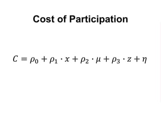 Cost of Participation
𝐶 = 𝜌0 + 𝜌1 ∙ 𝑥 + 𝜌2 ∙ 𝜇 + 𝜌3 ∙ 𝑧 + 𝜼
 