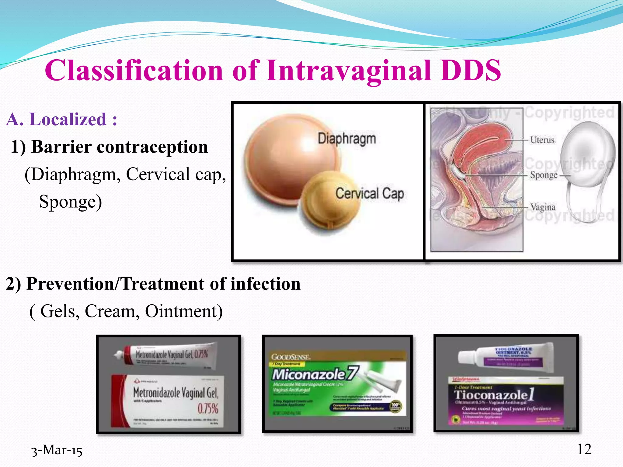 Classification of Intravaginal DDS
A. Localized :
1) Barrier contraception
(Diaphragm, Cervical cap,
Sponge)
2) Prevention/Treatment of infection
( Gels, Cream, Ointment)
3-Mar-15 12
 