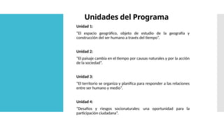 Unidades del Programa
Unidad 1:
“El espacio geográfico, objeto de estudio de la geografía y
construcción del ser humano a través del tiempo”.
Unidad 2:
“El paisaje cambia en el tiempo por causas naturales y por la acción
de la sociedad”.
Unidad 3:
“El territorio se organiza y planifica para responder a las relaciones
entre ser humano y medio”.
Unidad 4:
“Desafíos y riesgos socionaturales: una oportunidad para la
participación ciudadana”.
 