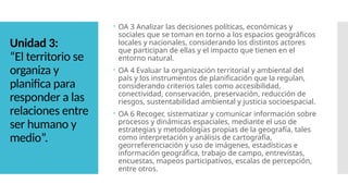 Unidad 3:
“El territorio se
organiza y
planifica para
responder a las
relaciones entre
ser humano y
medio”.
 OA 3 Analizar las decisiones políticas, económicas y
sociales que se toman en torno a los espacios geográficos
locales y nacionales, considerando los distintos actores
que participan de ellas y el impacto que tienen en el
entorno natural.
 OA 4 Evaluar la organización territorial y ambiental del
país y los instrumentos de planificación que la regulan,
considerando criterios tales como accesibilidad,
conectividad, conservación, preservación, reducción de
riesgos, sustentabilidad ambiental y justicia socioespacial.
 OA 6 Recoger, sistematizar y comunicar información sobre
procesos y dinámicas espaciales, mediante el uso de
estrategias y metodologías propias de la geografía, tales
como interpretación y análisis de cartografía,
georreferenciación y uso de imágenes, estadísticas e
información geográfica, trabajo de campo, entrevistas,
encuestas, mapeos participativos, escalas de percepción,
entre otros.
 