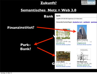 Zukunft?

                       Semantisches Netz = Web 3.0
                                  Bank


           Finanzinstitut?

                                      Verb: sitzen
                                                     Bänker
                       Park-
                       Bank?
                                            Finanzkrise


                                      Gefängnis

Samstag, 16. März 13
 