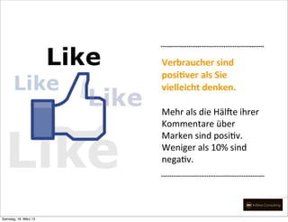Verbraucher	
  sind	
  
                       posiQver	
  als	
  Sie	
  
                       vielleicht	
  denken.

                       Mehr	
  als	
  die	
  HälEe	
  ihrer	
  
                       Kommentare	
  über	
  
                       Marken	
  sind	
  posiHv.
                       Weniger	
  als	
  10%	
  sind	
  
                       negaHv.




Samstag, 16. März 13
 