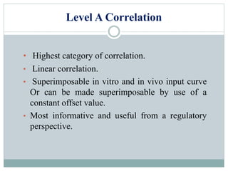 Level A Correlation
• Highest category of correlation.
• Linear correlation.
• Superimposable in vitro and in vivo input curve
Or can be made superimposable by use of a
constant offset value.
• Most informative and useful from a regulatory
perspective.
 