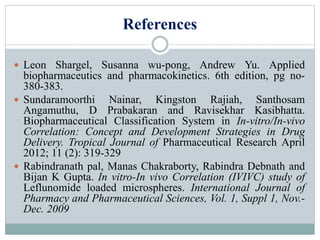 References
 Leon Shargel, Susanna wu-pong, Andrew Yu. Applied
biopharmaceutics and pharmacokinetics. 6th edition, pg no-
380-383.
 Sundaramoorthi Nainar, Kingston Rajiah, Santhosam
Angamuthu, D Prabakaran and Ravisekhar Kasibhatta.
Biopharmaceutical Classification System in In-vitro/In-vivo
Correlation: Concept and Development Strategies in Drug
Delivery. Tropical Journal of Pharmaceutical Research April
2012; 11 (2): 319-329
 Rabindranath pal, Manas Chakraborty, Rabindra Debnath and
Bijan K Gupta. In vitro-In vivo Correlation (IVIVC) study of
Leflunomide loaded microspheres. International Journal of
Pharmacy and Pharmaceutical Sciences, Vol. 1, Suppl 1, Nov.-
Dec. 2009
 