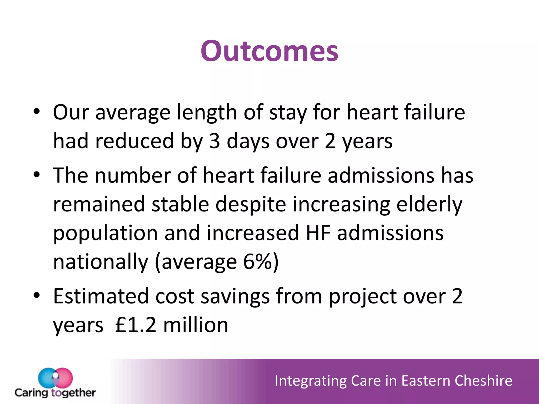 Integrating Care in Eastern Cheshire
Outcomes
• Our average length of stay for heart failure
had reduced by 3 days over 2 years
• The number of heart failure admissions has
remained stable despite increasing elderly
population and increased HF admissions
nationally (average 6%)
• Estimated cost savings from project over 2
years £1.2 million
 