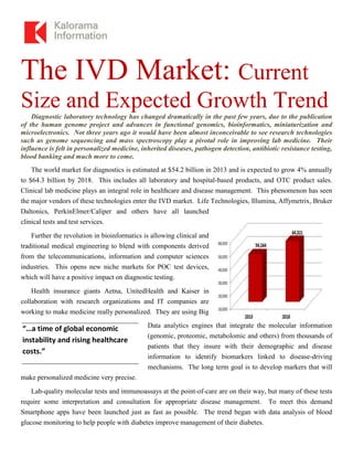The IVD Market: Current
Size and Expected Growth TrendDiagnostic laboratory technology has changed dramatically in the past few years, due to the publication
of the human genome project and advances in functional genomics, bioinformatics, miniaturization and
microelectronics. Not three years ago it would have been almost inconceivable to see research technologies
such as genome sequencing and mass spectroscopy play a pivotal role in improving lab medicine. Their
influence is felt in personalized medicine, inherited diseases, pathogen detection, antibiotic resistance testing,
blood banking and much more to come.
The world market for diagnostics is estimated at $54.2 billion in 2013 and is expected to grow 4% annually
to $64.3 billion by 2018. This includes all laboratory and hospital-based products, and OTC product sales.
Clinical lab medicine plays an integral role in healthcare and disease management. This phenomenon has seen
the major vendors of these technologies enter the IVD market. Life Technologies, Illumina, Affymetrix, Bruker
Daltonics, PerkinElmer/Caliper and others have all launched
clinical tests and test services.
Further the revolution in bioinformatics is allowing clinical and
traditional medical engineering to blend with components derived
from the telecommunications, information and computer sciences
industries. This opens new niche markets for POC test devices,
which will have a positive impact on diagnostic testing.
Health insurance giants Aetna, UnitedHealth and Kaiser in
collaboration with research organizations and IT companies are
working to make medicine really personalized. They are using Big
Data analytics engines that integrate the molecular information
(genomic, proteomic, metabolomic and others) from thousands of
patients that they insure with their demographic and disease
information to identify biomarkers linked to disease-driving
mechanisms. The long term goal is to develop markers that will
make personalized medicine very precise.
Lab-quality molecular tests and immunoassays at the point-of-care are on their way, but many of these tests
require some interpretation and consultation for appropriate disease management. To meet this demand
Smartphone apps have been launched just as fast as possible. The trend began with data analysis of blood
glucose monitoring to help people with diabetes improve management of their diabetes.
“…a time of global economic
instability and rising healthcare
costs.”
 