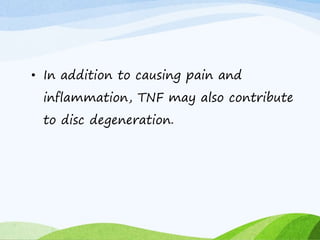 • In addition to causing pain and
inflammation, TNF may also contribute
to disc degeneration.
 