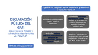 DECLARACIÓN
PÚBLICA DEL
GAFI
concerniente a Riesgos y
Vulnerabilidades derivados
del COVID-19
PÚBLICO (sitio web del GAFI)
Vigilar continuamente por
fraudes y delitos
financieros
Emplear la Guía sobre
Identificación Digital para
aplicar la incorporación
(onboarding) digital y
Debida Diligencia
Simplificada
Aplicar las Mejores
prácticas para prevenir el
abuso de las
Organizaciones Sin Fines
de Lucro (OSFL)
Mantener comunicación
continua con autoridades
reguladoras, supervisoras,
UIF y de orden público.
Enfrentar los riesgos de delitos financieros que conlleva
la crisis del COVID-19:
 