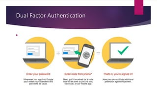 Dual Factor Authentication
 After logging in; verify login via Email, SMS, or an app with a code.
 
