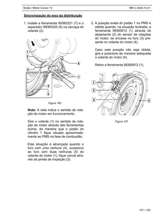 Stralis / Motor Cursor 13 MR 2 2004-10-31
107 / 155
Sincronização do eixo da distribuição
1. Instale a ferramenta 99360321 (7) e o
separador 99360325 (6) na carcaça do
volante (2).
Nota: A seta indica o sentido de rota-
ção do motor em funcionamento.
Gire o volante (1) no sentido de rota-
ção do motor através das ferramentas
acima, de maneira que o pistão do
cilindro 1 fique situado aproximada-
mente ao PMS na fase de combustão.
Esta situação é alcançada quando o
furo com uma ranhura (4), sucessivo
ao furo com duas ranhuras (5) do
volante do motor (1), fique visível atra-
vés da janela de inspeção (2).
2. A posição exata do pistão 1 no PMS é
obtida quando, na situação ilustrada, a
ferramenta 99360612 (1) através do
alojamento (2) do sensor de rotações
do motor, se encaixa no furo (3) pre-
sente no volante do motor (4).
Caso esta posição não seja obtida,
gire e posicione de maneira adequada
o volante do motor (4).
Retire a ferramenta 99360612 (1).
Figura 180
Figura 181
 