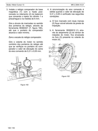 Stralis / Motor Cursor 13 MR 2 2004-10-31
3. Instale o relógio comparador de base
magnética (1) com a haste posi-
cionada no rolamento (2) do balancim
que comanda o injetor do cilindro 1 e
precarregue-o na medida de 6 mm.
Gire a árvore de manivelas no sentido
dos ponteiros do relógio, através da
ferramenta 99360321 (7, figura 180),
até que o ponteiro do comparador
alcance o valor mínimo.
Zere a escala do relógio comparador.
Gire o volante do motor no sentido
contrário dos ponteiros do relógio até
que se verifique no ponteiro do com-
parador o valor de elevação do came
do eixo comando de 5,31 ± 0,05 mm.
4. A sincronização do eixo comando é
obtida quando o valor de elevação de
5,31 ± 0,05 é verificado nas seguintes
condições:
a. O furo marcado com duas marcas
(5) fique visível através da janela de
inspeção.
b. A ferramenta 99360612 (1), atra-
vés do alojamento (2) do sensor de
rotações do motor, fica encaixada
no furo (3) presente no volante do
motor (4).
108 / 155
Figura 182
Figura 183
 