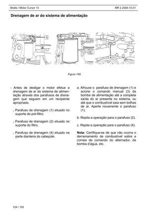 Stralis / Motor Cursor 13 MR 2 2004-10-31
Drenagem de ar do sistema de alimentação
124 / 155
Figura 199
- Antes de desligar o motor efetue a
drenagem de ar do sistema de alimen-
tação através dos parafusos de drena-
gem que seguem em um recipiente
apropriado.
. Parafuso de drenagem (1) situado no
suporte do pré-filtro.
. Parafuso de drenagem (2) situado no
suporte do filtro.
. Parafuso de drenagem (4) situado na
parte dianteira do cabeçote.
a. Afrouxe o parafuso de drenagem (1) e
acione o comando manual (3) da
bomba de alimentação até a completa
saída do ar presente no sistema, ou
até que o combustível saia sem bolhas
de ar. Aperte novamente o parafuso
(1).
b. Repita a operação para o parafuso (2).
c. Repita a operação para o parafuso (4).
Nota: Certifique-se de que não ocorra o
derramamento de combustível sobre a
correia de comando do alternador, da
bomba d’água, etc.
 