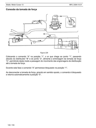 Stralis / Motor Cursor 13 MR 2 2004-10-31
140 / 155
Conexão da tomada de força
Colocando o comando “A” na posição “1”, o ar que chega ao ponto “1”, passando
através do distribuidor “B” e do ponto “2”, alimenta a embreagem da tomada de força
“C”, permitindo deste modo a passagem do movimento das engrenagens de distribuição
até a tomada de força.
Durante esta fase o comando “A” permanece bloqueado na posição “1”.
Ao desconectar a tomada de força, girando em sentido oposto, o comando é bloqueado
e retorna automaticamente à posição “0”.
Figura 229
 