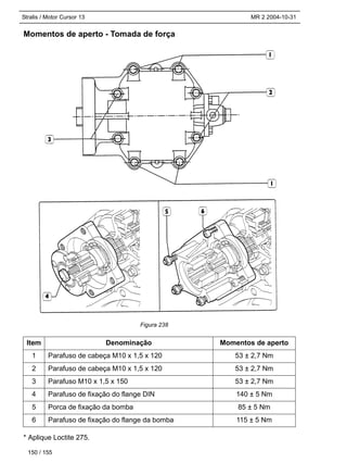 Stralis / Motor Cursor 13 MR 2 2004-10-31
150 / 155
Momentos de aperto - Tomada de força
* Aplique Loctite 275.
Item Denominação Momentos de aperto
1 Parafuso de cabeça M10 x 1,5 x 120 53 ± 2,7 Nm
2 Parafuso de cabeça M10 x 1,5 x 120 53 ± 2,7 Nm
3 Parafuso M10 x 1,5 x 150 53 ± 2,7 Nm
4 Parafuso de fixação do flange DIN 140 ± 5 Nm
5 Porca de fixação da bomba 85 ± 5 Nm
6 Parafuso de fixação do flange da bomba 115 ± 5 Nm
Figura 238
 