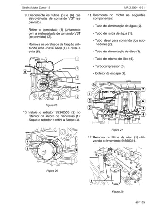 Stralis / Motor Cursor 13 MR 2 2004-10-31
49 / 155
9. Desconecte os tubos (3) e (6) das
eletroválvulas de comando VGT (se
previsto).
Retire o termostato (1) juntamente
com a eletroválvula de comando VGT
(se previsto) (2).
Remova os parafusos de fixação utili-
zando uma chave Allen (4) e retire a
polia (5).
10. Instale o extrator 99340553 (2) no
retentor da árvore de manivelas (1).
Saque o retentor e retire a flange (3).
11. Desmonte do motor os seguintes
componentes:
- Tubo de alimentação de água (5).
- Tubo de saída de água (1).
- Tubo de ar para comando dos acio-
nadores (2).
- Tubo de alimentação de óleo (3).
- Tubo de retorno de óleo (4).
- Turbocompressor (6).
- Coletor de escape (7).
12. Remova os filtros de óleo (1) utili-
zando a ferramenta 99360314.
Figura 25
Figura 26
Figura 27
Figura 28
 