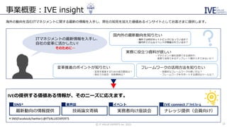 事業概要：IVE insight
©️ IT VALUE EXPERTS Inc. 2021 12
国内外の最新動向を知りたい
フレームワークの活用方法を知りたい
実務に役立つ資料が欲しい
変革推進のポイントが知りたい
ITマネジメントの最新情報を入手し、
自社の変革に活かしたい!
そのために…
・海外では何がホットトピックになっているか？
・国内外でどんなイベントが開催されているか？
IVEの提供する価値ある情報が、そのニーズに応えます。
最新動向の情報提供 実務者向け座談会
技術論文寄稿 ナレッジ提供（会員向け）
・効果的なフレームワークの使い方は？
・フレームワークをサポートする適切なツールは？
・変革を推進するための成功要因は？
・他社での成功・失敗事例は？
海外の動向を含むITマネジメントに関する最新の情報を入手し、弊社の知見を加えた価値あるインサイトとしてお客さまに提供します。
・マネジメント層を説得できる資料や、
実務で活用できるテンプレート類が入手できないか？
＊SNS(Facebook/twitter):@ITVALUEEXPERTS
SNS* 業界誌 イベント IVE connect ﾌﾟﾗｯﾄﾌｫｰﾑ
 