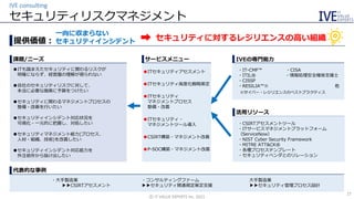 セキュリティリスクマネジメント
IVE consulting
©️ IT VALUE EXPERTS Inc. 2021
27
提供価値：
課題/ニーズ
活用リソース
・CSIRTアセスメントツール
・ITサービスマネジメントプラットフォーム
（ServiceNow）
・NIST Cyber Security Framework
・MITRE ATT&CK®
・各種プロセステンプレート
・セキュリティベンダとのリレーション
IVEの専門能力
サービスメニュー
一向に収まらない
セキュリティインシデント セキュリティに対するレジリエンスの高い組織
➡
●ITも踏まえたセキュリティに関わるリスクが
明確にならず、経営層の理解が得られない
●自社のセキュリティリスクに対して、
本当に必要な施策に予算をつけたい
●セキュリティに関わるマネジメントプロセスの
整備・改善を行いたい
●セキュリティインシデント対応状況を
可視化・一元的に把握し、対処したい
●セキュリティマネジメント能力(プロセス、
人材・組織、技術)を改善したい
●セキュリティインシデント対応能力を
外注依存から抜け出したい
●ITセキュリティアセスメント
●ITセキュリティ高度化戦略策定
●ITセキュリティ
マネジメントプロセス
整備・改善
●ITセキュリティ・
マネジメントツール導入
●CSIRT構築・マネジメント改善
●P-SOC構築・マネジメント改善
・IT-CMF™ ・CISA
・ITIL® ・情報処理安全確保支援士
・CISSP
・RESILIA™※ 他
※サイバー・レジリエンスのベストプラクティス
・大手製造業
▶▶CSIRTアセスメント
・コンサルティングファーム
▶▶セキュリティ関連規定策定支援
大手製造業
▶▶セキュリティ管理プロセス設計
代表的な事例
 
