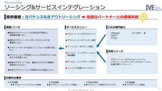 ・大手流通業
▶▶アウトソーシングコスト削減
・大手総合食品
▶▶アウトソース契約アドバイザリ
・大手流通業
▶▶アウトソーシングベンダ選定
・大手金融業
▶▶クラウドベンダ選定
ソーシング&サービスインテグレーション
IVE consulting
©️ IT VALUE EXPERTS Inc. 2021
31
提供価値：ガバナンスなきアウトソーシング ➡ 最適なパートナーとの価値共創
課題/ニーズ
活用リソース
・OPBoK®
・SIAM™
・ITIL®
・IT-CMF™ 他
・アウトソーシングアセスメントツール
・アウトソーシングベンダーとのリレーション
・各種文書テンプレート
代表的な事例
IVEの専門能力
サービスメニュー
●現在のアウトソーシングの状況を可視化し、
改善策を講じたい
●既存のアウトソーサーのサービスとコストを
最適化したい
●アウトソーサーから自社にコントロールを取り戻し
たい
●アウトソーシングを含むソーシングのガバナンスの
あり方を見直したい
●複数のアウトソース先、複数のクラウドの管理を
効率的に行いたい
●自社のアウトソーシング管理スキルを強化したい
●アウトソーシングアセスメント
●アウトソーシングベンダー選定
●ソーシング・ガバナンス確立
●サービス・インテグレーション
体制構築
●サービス・インテグレータ代行
●ソーシング改善アドバイザリー
 