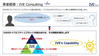 事業概要：IVE Consulting
IVEの持つケイパビリティとアセットを最大限活用し、デジタル/ITのマネジメントに関わる課題解決を支援します。
©️ IT VALUE EXPERTS Inc. 2021
7
どこに課題が？
何を変えれば？
どこから始めれば？
これで良いのか？
デジタル/ITのマネジメントを改善したい！
しかし…
IVEのケイパビリティとアセットを組み合わせ、その課題を解決します
業界トップクラスの知見
幅広さ＋ベンダ中立 業務経験＋コンサル実績
知識・
ノウハウ
業界ネットワーク 経験
IVE’s Capability
 