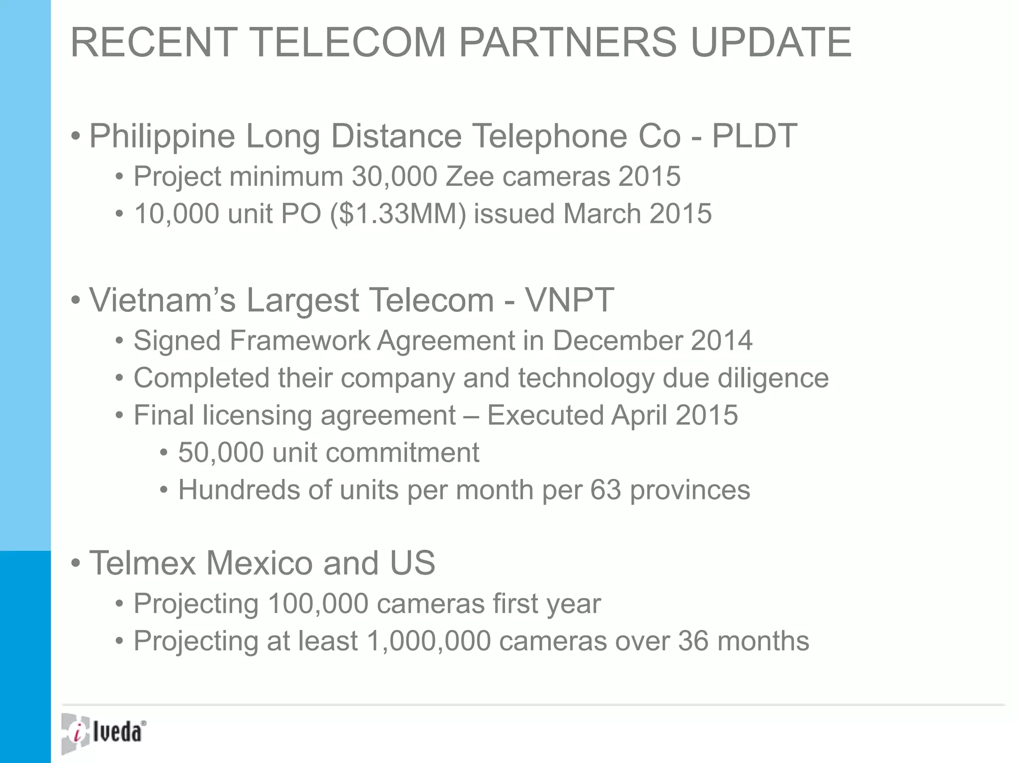 RECENT TELECOM PARTNERS UPDATE
• Philippine Long Distance Telephone Co - PLDT
• Project minimum 30,000 Zee cameras 2015
• 10,000 unit PO ($1.33MM) issued March 2015
• Vietnam’s Largest Telecom - VNPT
• Signed Framework Agreement in December 2014
• Completed their company and technology due diligence
• Final licensing agreement – Executed April 2015
• 50,000 unit commitment
• Hundreds of units per month per 63 provinces
• Telmex Mexico and US
• Projecting 100,000 cameras first year
• Projecting at least 1,000,000 cameras over 36 months
 
