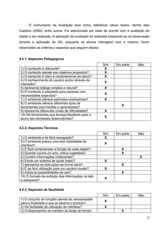 O Instrumento de Avaliação teve como referência vários textos, dentre eles
Caetano (2006), entre outros. Foi selecionado por estar de acordo com a avaliação do
objeto a ser realizada. A aplicação da avaliação foi realizada baseando-se na observação
durante a aplicação do OA, enquanto os alunos interagiam com o mesmo, foram
observados os critérios e aspectos que seguem abaixo:


4.2.1. Aspectos Pedagógicos
                                                        Sim      Em parte       Não
1) O conteúdo é relevante?                               X
2) O conteúdo atende aos objetivos propostos?            X
3) O conteúdo é claro e compreensível ao aluno?          X
4) O conhecimento do usuário evolui através da
                                                         X
interação?
5) Apresenta diálogo simples e natural?                  X
6) O conteúdo é adaptado para pessoas com
                                                         X
necessidades especiais?
7) O ambiente oferece estímulos motivadores?             X
8) O ambiente oferece diferentes tipos de
                                                                     X
ferramentas para facilitar o aprendizado?
9) Apresenta diferentes níveis de dificuldades?          X
10) Há ferramentas que forneça feedback para o
                                                         X
aluno das atividades desenvolvidas?

4.2.2. Aspectos Técnicos
                                                        Sim      Em parte       Não
1) O ambiente é de fácil navegação?                      X
2) O ambiente possui uma boa visibilidade da
                                                         X
interface?
3) É fácil compreender a função de cada objeto?                      X
4) Quando ocorre um erro, indica sugestões?                          X
5) Contém informações irrelevantes?                                              X
6) Existe um sistema de ajuda (help)?                    X
7) Apresenta as instruções de forma clara?                           X
8) É de fácil utilização para um usuário novato?         X
9) Indica as possibilidades de uso?                                  X
10) O formato de exibição das informações na tela
                                                         X
é adequado?

4.2.3. Aspectos de Qualidade
                                                        Sim      Em parte       Não
1) O conjunto de funções atende às necessidades
                                                         X
para a finalidade a que se destina o produto?
2) Há facilidade de utilização da interface?             X
3) O desempenho se mantém ao longo do tempo                          X

                                                                                      12
 