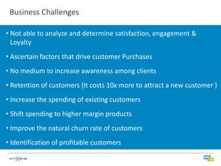 Business Challenges

• Not able to analyze and determine satisfaction, engagement &
  Loyalty
• Ascertain factors that drive customer Purchases
• No medium to increase awareness among clients
• Retention of customers (It costs 10x more to attract a new customer )
• Increase the spending of existing customers
• Shift spending to higher margin products
• Improve the natural churn rate of customers
• Identification of profitable customers
 