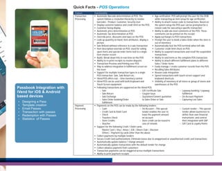 Quick Facts - POS Operations
Feature

Functionality

Transaction
Processing

Ÿ Automatic Barcode determination at POS: The
Ÿ Age verification: POS will prompt the user for the DOB
system follows a resolution hierarchy to resolve
while transacting an item setup for age verification
barcodes - Product, Customer, Security User
Ÿ Ability to attach reason code to transactions: Based on
Ÿ Display customer balance and credit limit on the POS
the system setup the POS user can be prompted for a
Ÿ Customer facing display
reason code for executing a specific transaction
Ÿ Automatic price determination at POS
Ÿ Ability to add sale level comments at the POS. These
Ÿ Automatic Tax determination at POS
comments can be printed on the receipt.
Ÿ Override price, discounts and taxes on the POS
Ÿ Apply surcharges to POS transactions
Ÿ Look up quantity on hand, item attributes, display a
Ÿ Prompt the user to book a Sales Order when the store is
picture
out of inventory
Ÿ Sale Refund without reference to a sale transaction
Ÿ Automatically lock the POS terminal when left idle.
Ÿ Item description override on POS: Used for selling
Ÿ Customer credit limit check on POS
open items and special order items tied to a single
Ÿ Ability to suspend transactions and recall the suspended
item master record
transactions
Ÿ Build / Break down Kits in real-time on the POS
Ÿ Ability to void items or the complete POS transaction.
Ÿ Ability to re-print receipts to resolve disputes
Ÿ Ability to attach different fulfillment plans to different
Ÿ Transaction Preview and Printing over POS
Sales / Order items
Ÿ Ship to address integration in fulfillment screen on
Ÿ Easily manage / create customer records from the POS
line level
Ÿ Recalling Sales Attributes
Ÿ Support for multiple transaction types in a single
Ÿ Reason code integration
POS transaction: Sale, Sale Return etc.
Ÿ Speed transactions with touch-screen support and
Ÿ iVend POS offers real – time inventory control
keyboard shortcuts
Ÿ iVend POS can be used with both Keyboard and
Ÿ Visibility of inventory of all stores or group of stores and
Touch Screen equipment
warehouses at the POS
Ÿ Following transactions are supported on the iVend POS:
- Sale
- Gift Certificate Sale
- Layaway booking / Layaway
- Sale Return
- Coupon Issue
fulfillment
- Sale Exchange
- Quotation/Convert quotation
- On Account Payment
- Sales Order booking/Order
to Sales Order or Sale
- Capturing Lost Sales
fulfillment
Ÿ Payments on the POS can be made by the following tenders:
- Cash
- On Account – This special
- Custom tender – This special
- Credit Card & Debit Card
tender enables the user to
tender allows businesses to
- Check
leave the payment amount
define their own financial
- Travelers Check
on account
instruments and control
- Store Credits
- Store credit can be issued in
their integration with SAP
- Voucher
case of refunds
- Gift Card & Loyalty Points
Ÿ Support for the following Credit / Debit cards:
Master Card | Visa | Amex | JCB | Diners Club | Discover
Others – Payment by cards other than the above
Ÿ Collect payments by multiple tenders
Ÿ Secure Credit Card authorizations: Eliminate losses due to unapproved or unauthorized credit card transactions.
Ÿ Automatically update balance / change amount
Ÿ Automatically update transactions with the default tender for change
Ÿ Collect advance payment from customers
Ÿ Transaction payments can be staggered across multiple transactions
Ÿ Ability to print payment receipts

Passbook Integration with
iVend for iOS & Android
based devices
Ÿ
Ÿ
Ÿ
Ÿ
Ÿ
Ÿ

Designing a Pass
Template creation
Email Passes
Transaction with passes
Redemption with Passes
Statistics of Passes

Payment
Processing

 