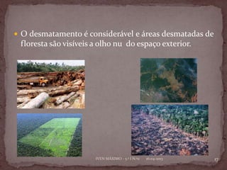  O desmatamento é considerável e áreas desmatadas de
 floresta são visíveis a olho nu do espaço exterior.




                       IVEN MÁXIMO - 5.º I N.º11   16-04-2013   17
 