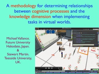 A methodology for determining relationships
    between cognitive processes and the
  knowledge dimension when implementing
          tasks in virtual worlds.


 Michael Vallance.
 Future University
 Hakodate, Japan.
         &
  Stewart Martin.
Teesside University,
        UK.

                       1
 