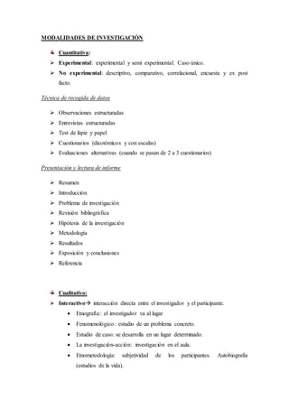 MODALIDADES DE INVESTIGACIÓN
Cuantitativa:
 Experimental: experimental y semi experimental. Caso único.
 No experimental: descriptivo, comparativo, correlacional, encuesta y ex post
facto.
Técnica de recogida de datos
 Observaciones estructuradas
 Entrevistas estructuradas
 Test de lápiz y papel
 Cuestionarios (dicotómicos y con escalas)
 Evaluaciones alternativas (cuando se pasan de 2 a 3 cuestionarios)
Presentación y lectura de informe
 Resumen
 Introducción
 Problema de investigación
 Revisión bibliográfica
 Hipótesis de la investigación
 Metodología
 Resultados
 Exposición y conclusiones
 Referencia
Cualitativo:
 Interactivo interacción directa entre el investigador y el participante.
 Etnografía: el investigador va al lugar
 Fenomenológico: estudio de un problema concreto.
 Estudio de caso: se desarrolla en un lugar determinado.
 La investigación-acción: investigación en el aula.
 Etnometodología: subjetividad de los participantes. Autobiografía
(estudios de la vida).
 