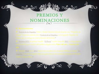  Reconocimientos
 Festival de la Orquídea Chino y Nacho hicieron historia al ganar una "Orquidea de
Uranio" el premio máximo en el Festival de la Orquídea, es la segunda Orquidea de
Uranio que se entrega en toda la historia del festival.10
 Premios HTV Su primer sencillo “El Poeta” resultó tema del 2011 en el prestigioso
canal de HTV por votación del público elegido como Video del año y Canción del
año11
 Premios BMI En el 2012 fueron reconocidos con un premio BMI por el tema "Tu
Angelito", el cual ha logrado calar con gran éxito en las carteleras musicales de Estados
Unidos y Puerto Rico.12
 