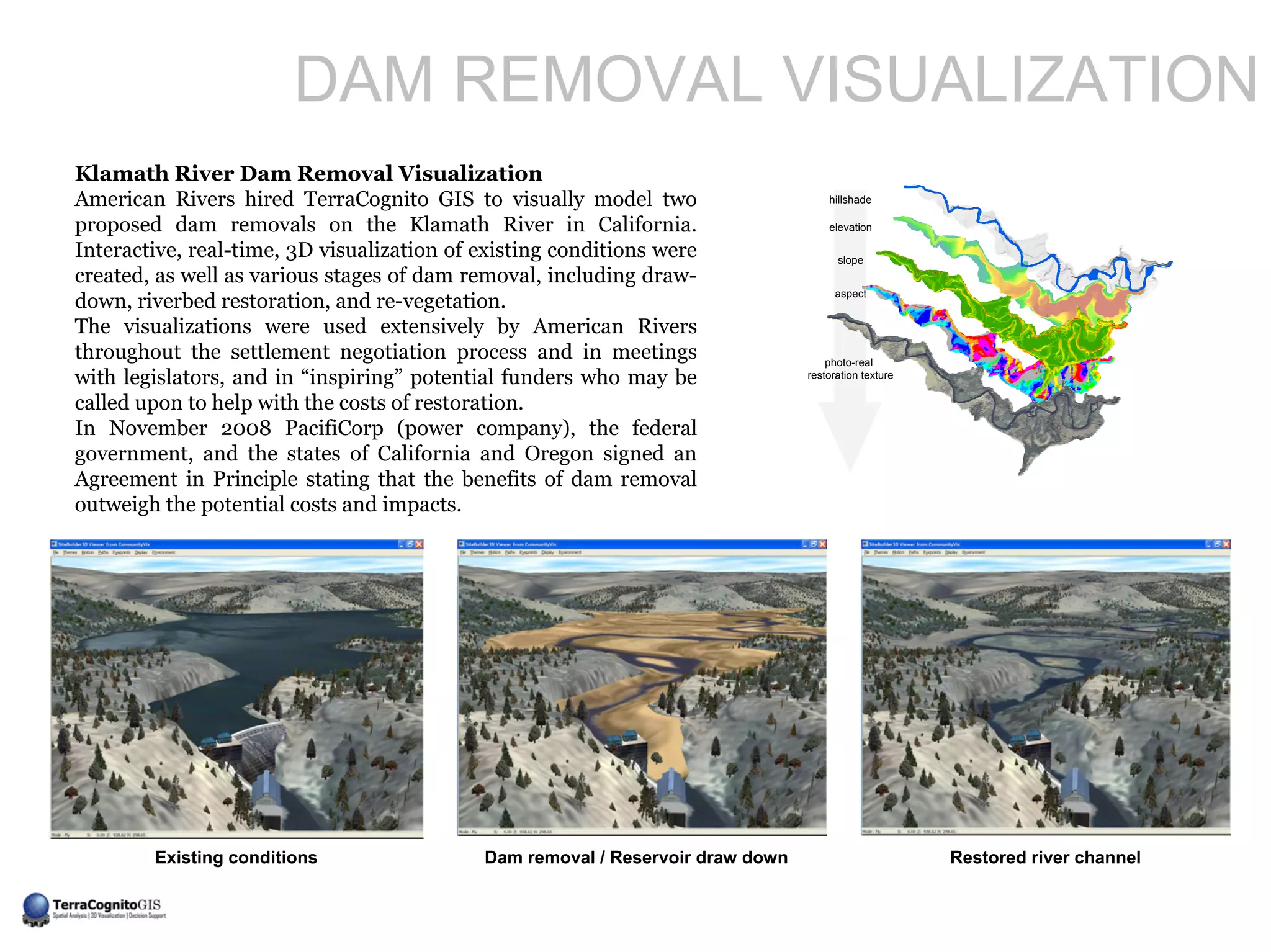 DAM REMOVAL VISUALIZATION
Klamath River Dam Removal Visualization
American Rivers hired TerraCognito GIS to visually model two                        hillshade

proposed dam removals on the Klamath River in California.                           elevation

Interactive, real-time, 3D visualization of existing conditions were                  slope
created, as well as various stages of dam removal, including draw-
down, riverbed restoration, and re-vegetation.                                        aspect


The visualizations were used extensively by American Rivers
throughout the settlement negotiation process and in meetings                       photo-real
with legislators, and in “inspiring” potential funders who may be               restoration texture

called upon to help with the costs of restoration.
In November 2008 PacifiCorp (power company), the federal
government, and the states of California and Oregon signed an
Agreement in Principle stating that the benefits of dam removal
outweigh the potential costs and impacts.




        Existing conditions                 Dam removal / Reservoir draw down                         Restored river channel
 