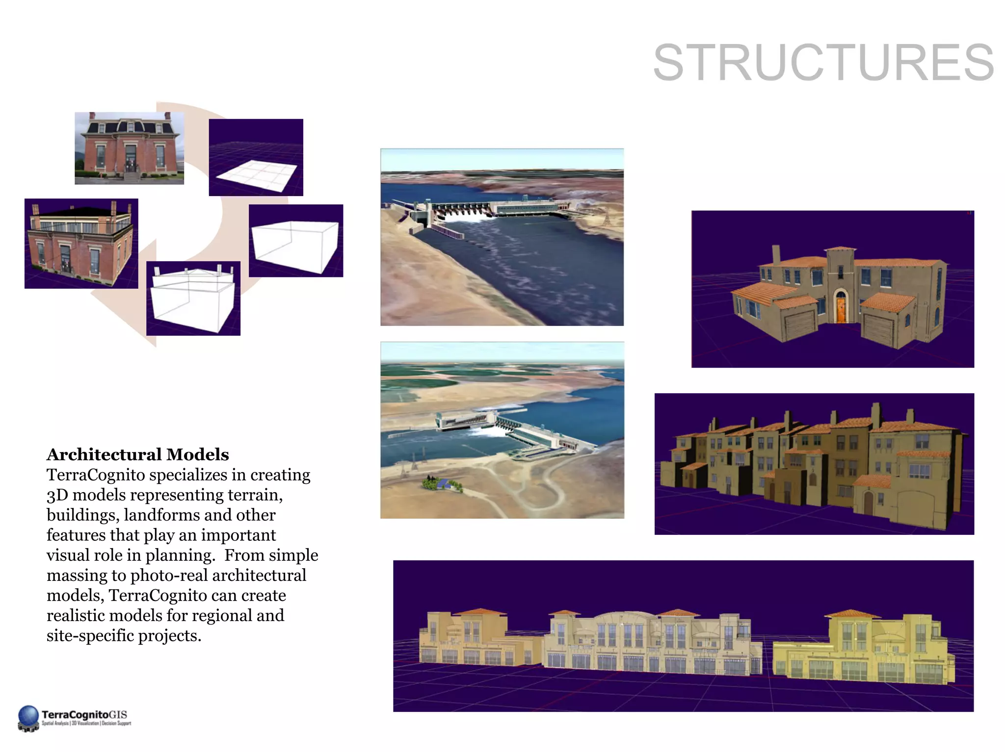 STRUCTURES




Architectural Models
TerraCognito specializes in creating
3D models representing terrain,
buildings, landforms and other
features that play an important
visual role in planning. From simple
massing to photo-real architectural
models, TerraCognito can create
realistic models for regional and
site-specific projects.
 