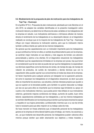 104
6.2. Modelamiento de la propuesta de plan de motivación para los trabajadores de
Topi Top – Huancayo
En el gráfico Nº 6.2., Propuesta de plan motivacional, planteado por Lola Sánchez en el
año 2010, se adaptan las variables identificadas en la presente investigación sobre
motivación laboral y se determina la influencia de estas variables en los trabajadores del
la empresa en estudio. Los motivadores extrínsecos o intrínsecos afectan de manera
directa el rendimiento de los trabajadores en su desempeño laboral, en el diagnóstico
realizado se concluye que en la mayoría de los trabajadores de Topi Top - Huancayo
influye con mayor relevancia la motivación externa, pero que la motivación interna
también conlleva interés por parte de los mismos trabajadores.
Se aprecia que las capacitaciones son un motivador importante para los trabajadores
ya que contribuiría a formar en ellos un sentido de profesionalismo para con la empresa,
se sentirían mejor instruidos en sus labores y más seguros de brindar una atención
personalizada y optima a los clientes. En el diagnostico situacional; los trabajadores
manifiestan que las capacitaciones brindadas en la empresa son pocas, hay que tomar
en consideración que tal vez esto se puede dar por que los trabajadores no especializan
sus técnicas específicas como las técnicas de ventas, de manejo de caja, de manejo de
rotación de productos, de surtido de mercadería y demás técnicas que con la
capacitación ellos puedan aportar sus conocimientos en todas las áreas de la empresa.
Un factor importante para cualquier persona y/o trabajador es la superación personal,
tal como lo expresan los trabajadores en el diagnostico situacional, es decir que para
ellos es importante los ascensos, sus estudios y demás intereses propios que ayuden a
que se superen en la brevedad posible, pero también no quieren descuidar su trabajo
por eso es que para ellos es importante que la empresa siga brindando su apoyo en
cuanto a los motivadores internos y que pueda poner más énfasis en sus motivadores
externos, generando mejores condiciones de trabajo, aumento de sueldo, buen clima
laboral, capacitaciones solicitadas por los trabajadores, y así los mismos trabajadores
se sentirán identificados con la empresa porque sienten que la propia empresa los apoya
y respalda en sus logros personales y profesionales mientras que a su vez les brinda
todo lo necesario para que ellos mejoren en su trabajo cada día más.
Se hace mención en líneas anteriores que; el desarrollo personal de los trabajadores
genera en la empresa el clima laboral óptimo para el trabajo, así mismo, los ascensos y
etc., ya que mediante ese desarrollo personal, los trabajadores pueden valorarse ellos
mismos porque sienten que están alcanzando sus objetivos y metas trazadas y
 