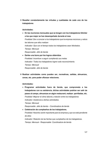 127
❖ Resaltar constantemente las virtudes y cualidades de cada uno de los
trabajadores
Actividades:
• En las reuniones mensuales que se tengan con los trabajadores felicitar
a los que mejor se han desempeñado durante el mes
Finalidad: Dar a conocer a los trabajadores que la empresa reconoce y valora
las labores que ellos realizan
Indicador: Que con el tiempo todos los trabajadores sean felicitados.
Tiempo: Mensual
Responsable: Jefe de tienda
• Darles una bono por los logros obtenidos
Finalidad: Incentivar a seguir cumpliendo sus metas
Indicador: Todos los trabajadores logren este reconocimiento.
Tiempo: Mensual
Responsable: Jefe de tienda
❖ Realizar actividades como pueden ser, recreativas, salidas, almuerzos,
cenas, etc. para poder afianzar relaciones.
Actividades:
• Programar actividades fuera de tienda, que comprometa a los
trabajadores con su asistencia, dichas actividades podrían ser salir de
paseo al campo, almuerzos en algún restaurant, realizar parrilladas, etc.
Finalidad: Mejorar el clima laboral y relación entre los trabajadores
Indicador: Asistencia a dichas actividades.
Tiempo: Mensual
Responsable: Jefe de tienda – Coordinadora de tienda
• Celebración de cumpleaños de los trabajadores.
Finalidad: Hacerlos sentir importante para la empresa y que se está pendiente
de ellos
Indicador: Relación de las fechas que cumpleaños de los trabajadores.
Tiempo: Mensual - Responsable: Coordinadora de tienda
 