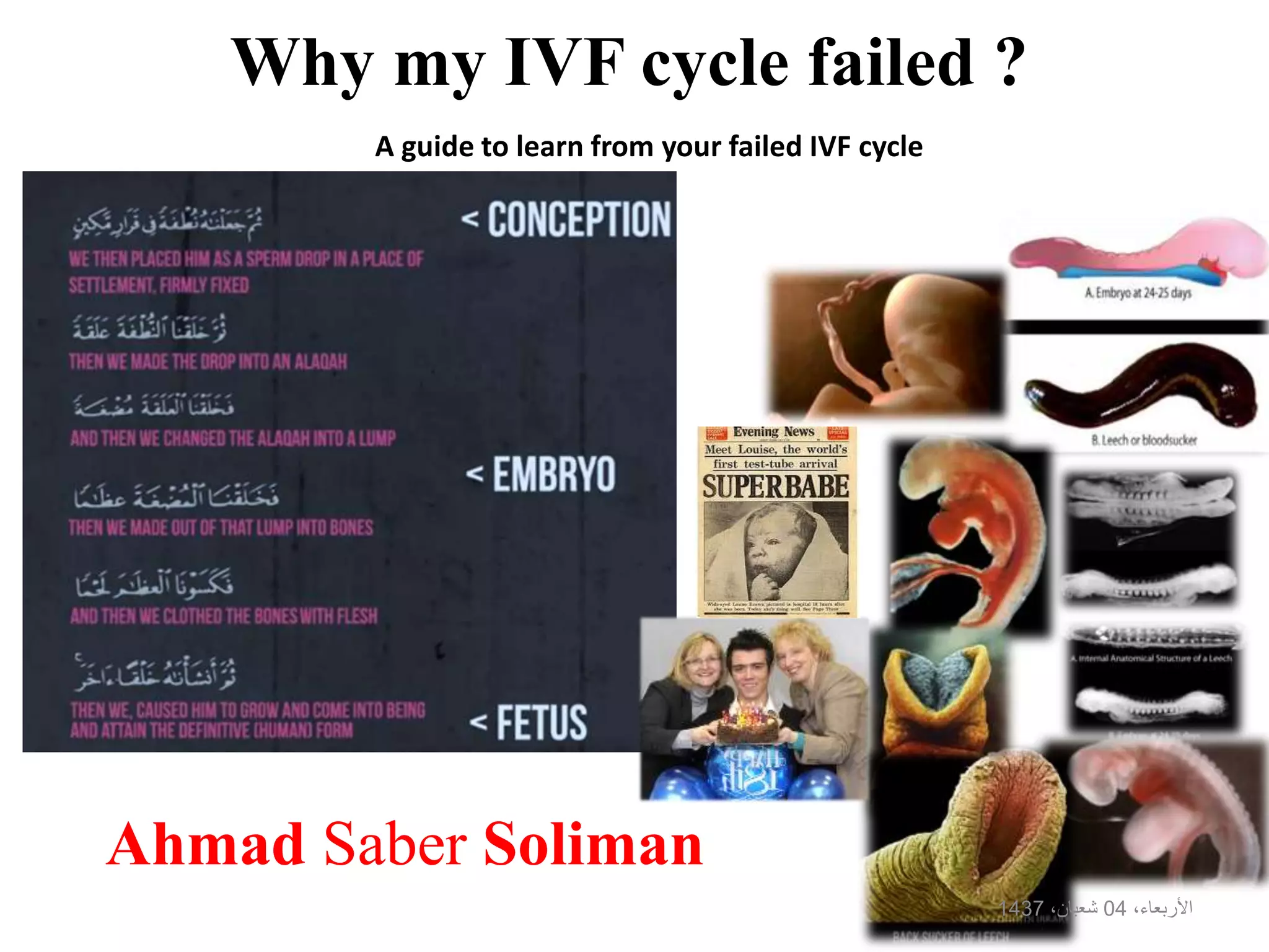 Why my IVF cycle failed ?
Ahmad Saber Soliman
A guide to learn from your failed IVF cycle
،األربعاء04،شعبان1437