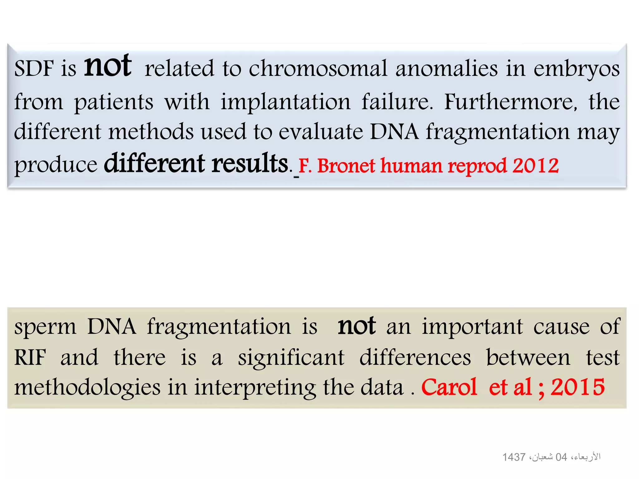 sperm DNA fragmentation is not an important cause of
RIF and there is a significant differences between test
methodologies in interpreting the data . Carol et al ; 2015
SDF is not related to chromosomal anomalies in embryos
from patients with implantation failure. Furthermore, the
different methods used to evaluate DNA fragmentation may
produce different results. F. Bronet human reprod 2012
،األربعاء04،شعبان1437