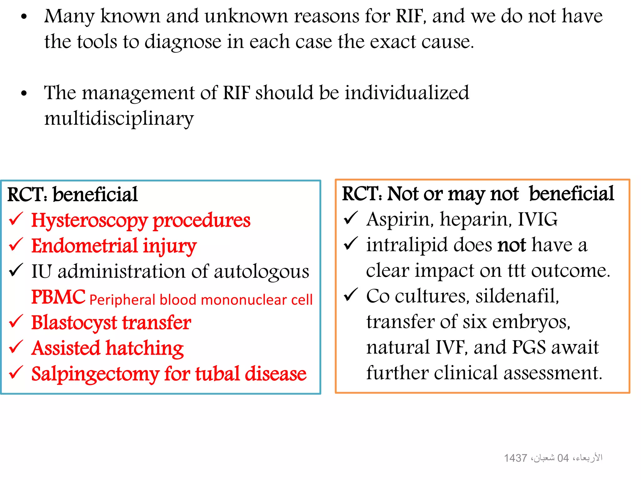 • Many known and unknown reasons for RIF, and we do not have
the tools to diagnose in each case the exact cause.
• The management of RIF should be individualized
multidisciplinary
،األربعاء04،شعبان1437
RCT: beneficial
Hysteroscopy procedures
Endometrial injury
IU administration of autologous
PBMC Peripheral blood mononuclear cell
Blastocyst transfer
Assisted hatching
Salpingectomy for tubal disease
RCT: Not or may not beneficial
Aspirin, heparin, IVIG
intralipid does not have a
clear impact on ttt outcome.
Co cultures, sildenafil,
transfer of six embryos,
natural IVF, and PGS await
further clinical assessment.