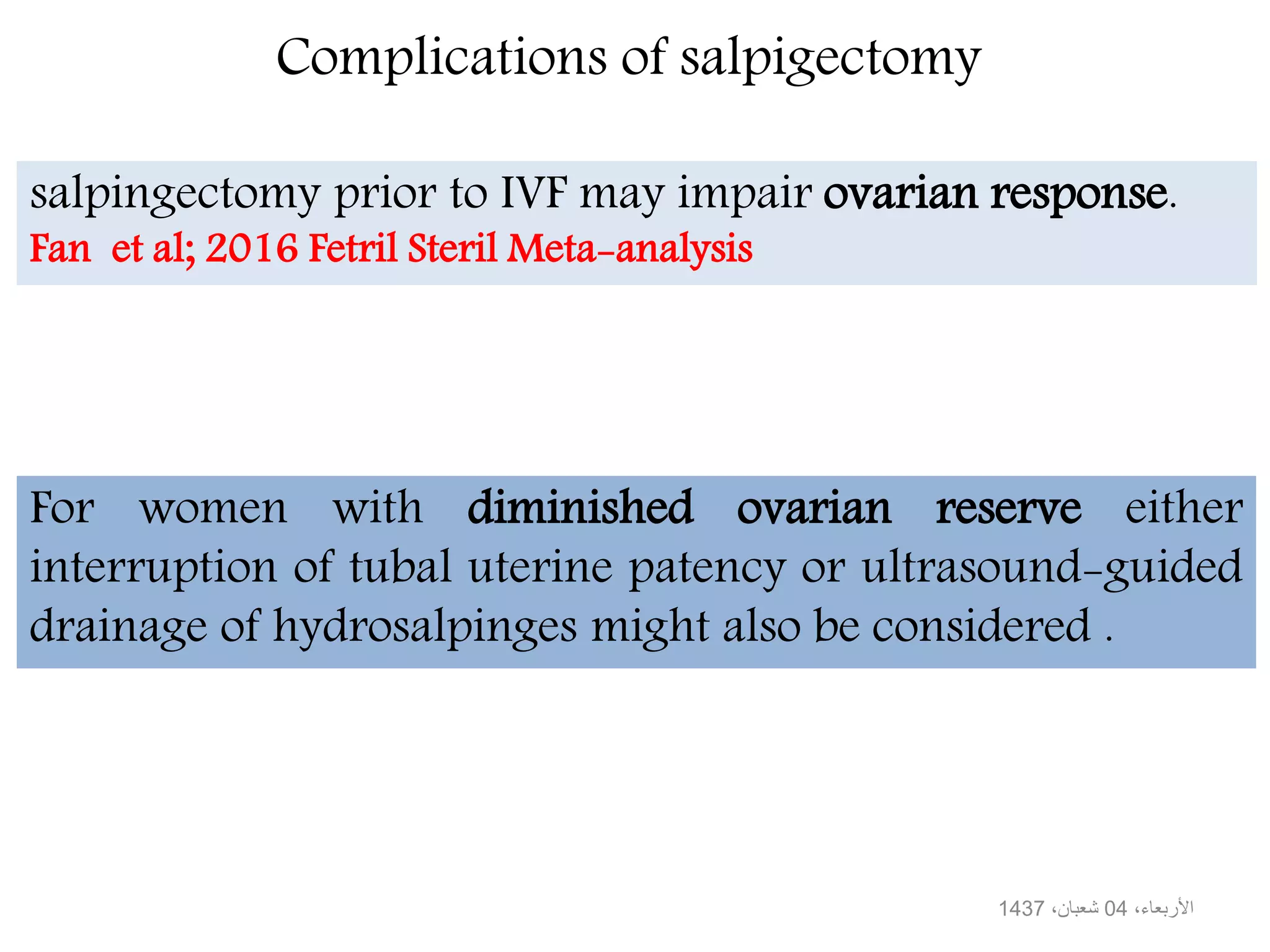 Complications of salpigectomy
salpingectomy prior to IVF may impair ovarian response.
Fan et al; 2016 Fetril Steril Meta-analysis
For women with diminished ovarian reserve either
interruption of tubal uterine patency or ultrasound-guided
drainage of hydrosalpinges might also be considered .
،األربعاء04،شعبان1437