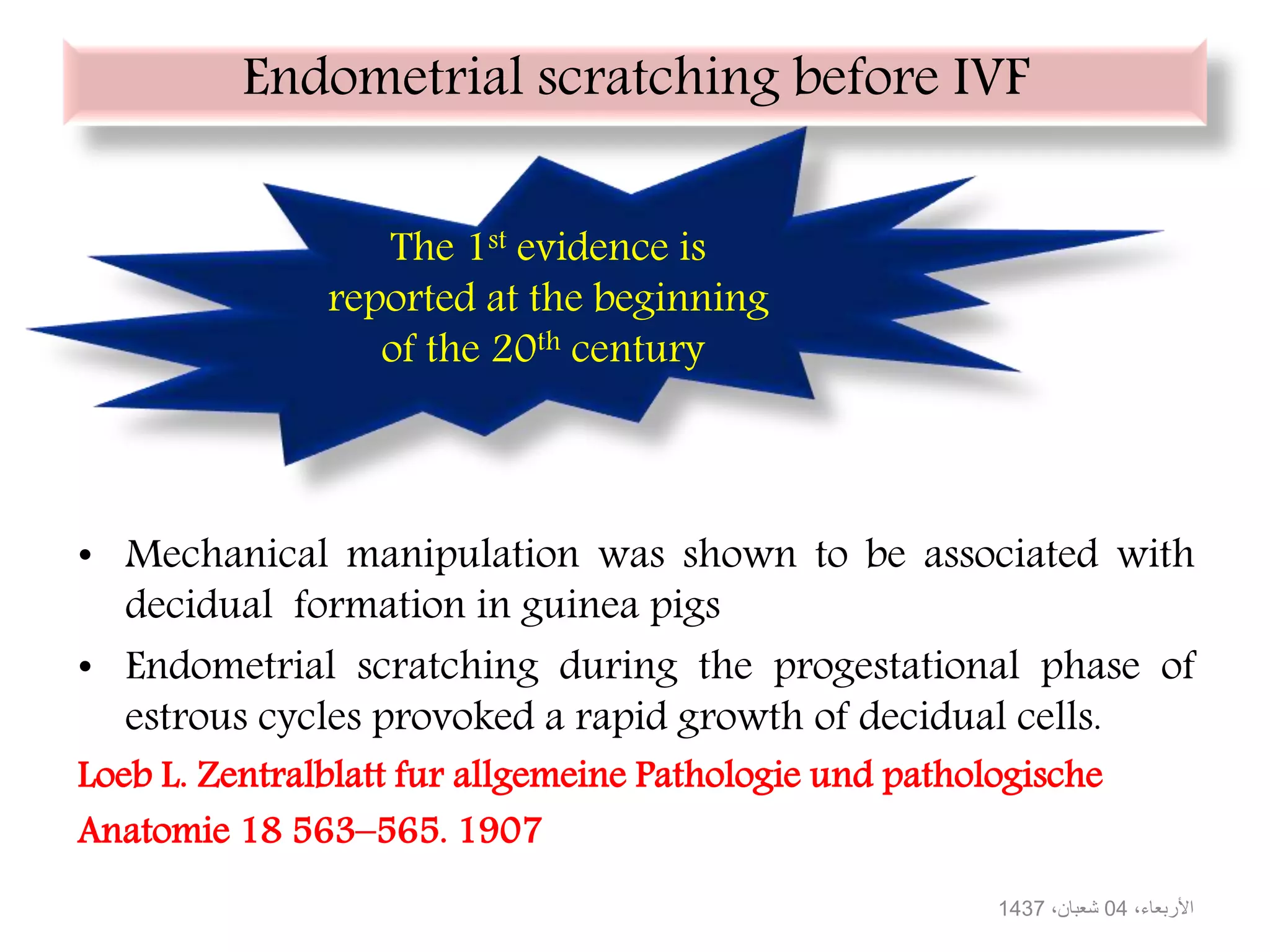Endometrial scratching before IVF
• Mechanical manipulation was shown to be associated with
decidual formation in guinea pigs
• Endometrial scratching during the progestational phase of
estrous cycles provoked a rapid growth of decidual cells.
Loeb L. Zentralblatt fur allgemeine Pathologie und pathologische
Anatomie 18 563–565. 1907
،األربعاء04،شعبان1437
The 1st evidence is
reported at the beginning
of the 20th century