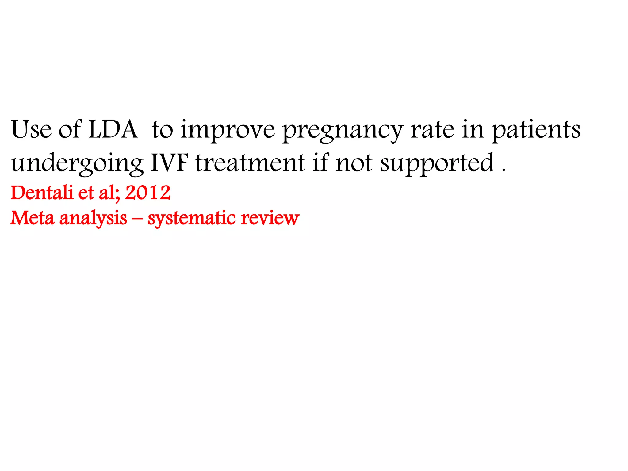 Use of LDA to improve pregnancy rate in patients
undergoing IVF treatment if not supported .
Dentali et al; 2012
Meta analysis – systematic review