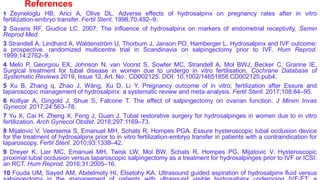 References
1 Zeyneloglu HB, Arici A, Olive DL. Adverse effects of hydrosalpinx on pregnancy rates after in vitro
fertilization‐embryo transfer. Fertil Steril. 1998;70:492–9.
2 Savaris RF, Giudice LC. 2007; The influence of hydrosalpinx on markers of endometrial receptivity. Semin
Reprod Med.
3 Strandell A, Lindhard A, Waldenström U, Thorburn J, Janson PO, Hamberger L. Hydrosalpinx and IVF outcome:
a prospective, randomized multicentre trial in Scandinavia on salpingectomy prior to IVF. Hum Reprod.
1999;14:2762–9.
4 Melo P, Georgiou EX, Johnson N, van Voorst S, Sowter MC, Strandell A, Mol BWJ, Becker C, Granne IE.
Surgical treatment for tubal disease in women due to undergo in vitro fertilisation. Cochrane Database of
Systematic Reviews 2019, Issue 12. Art. No.: CD002125. DOI: 10.1002/14651858.CD002125.pub4.
5 Xu B, Zhang q, Zhao J, Wáng, Xu D, Li Y. Pregnancy outcome of in vitro; fertilization after Essure and
laparoscopic management of hydrosalpinx: a systematic review and meta‐analysis. Fertil Steril. 2017;108:84–95.
6 Kotlyar A, Gingold J, Shue S, Falcone T. The effect of salpingectomy on ovarian function. J Minim Invas
Gynecol. 2017;24:563–78.
7 Yu X, Cai H, Zheng X, Feng J, Guan J. Tubal restorative surgery for hydrosalpinges in women due to in vitro
fertilization. Arch Gynecol Obstet. 2018;297:1169–73.
8 Mijatovic V, Veersema S, Emanuel MH, Schats R, Hompes PGA. Essure hysteroscopic tubal occlusion device
for the treatment of hydrosalpinx prior to in vitro fertilization‐embryo transfer in patients with a contraindication for
laparoscopy. Fertil Steril. 2010;93:1338–42.
9 Dreyer K, Lier MC, Emanuel MH, Twisk LW, Mol BW, Schats R, Hompes PG, Mijatovic V. Hysteroscopic
proximal tubal occlusion versus laparoscopic salpingectomy as a treatment for hydrosalpinges prior to IVF or ICSI:
an RCT. Hum Reprod. 2016;31:2005–16.
10 Fouda UM, Sayed AM, Abdelmoty HI, Elsetohy KA. Ultrasound guided aspiration of hydrosalpinx fluid versus
 